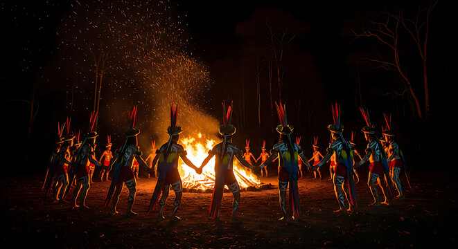 Indigenous Tribe Holding Hands Dancing Around Fire at Night Celebration