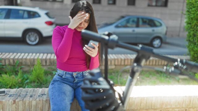 Woman touches her face while holding a smartphone beside an electric scooter on a street ledge near parked cars and a building; frustration and uncertainty.