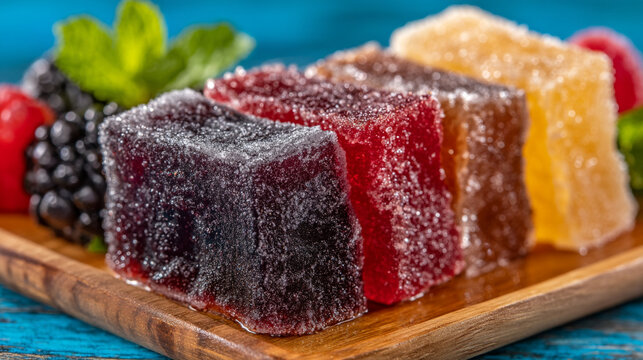 Sugar coated fruit jelly cubes arranged on wooden board with blackberries and mint