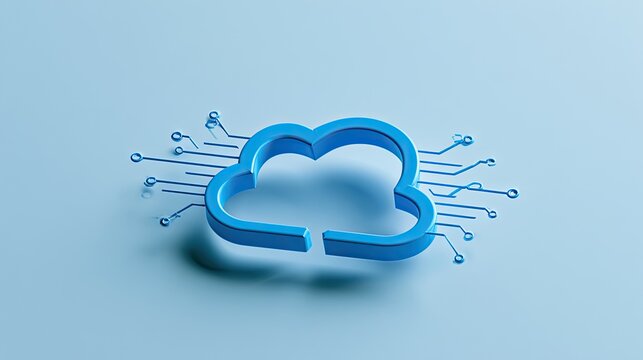 A 3D blue cloud icon with circuit board traces on a light blue background