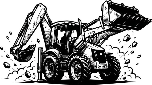 Heavy-duty backhoe loader digging earth in a construction site black and white illustration.