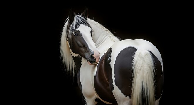Black and White Pinto Horse Looking Back Against Dark Studio Background