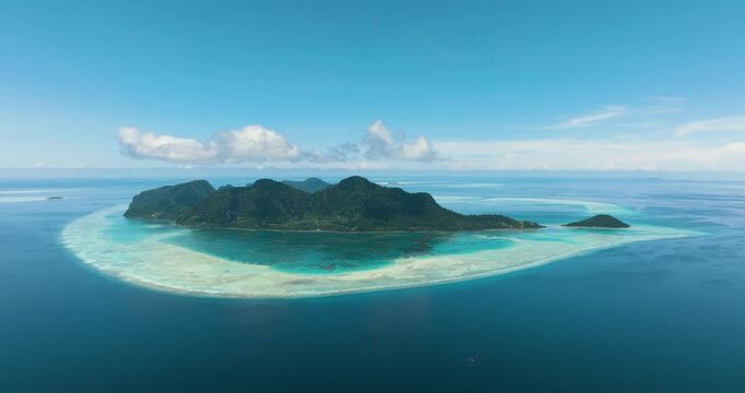 Aerial drone of islands and lagoons in the Tun Sakaran Marine Park. Borneo, Sabah, Malaysia.