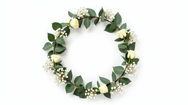Corona floral circular aislada, hecha de eucalipto, rosas blancas y paniculada