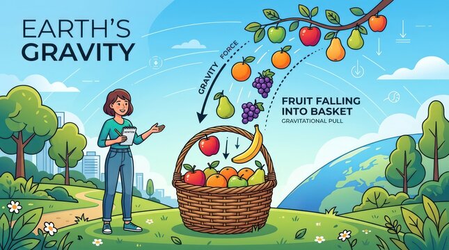 Educational science illustration showing earth gravity force with fruit falling into basket.
