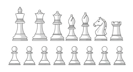 Chess Pieces Collection Line Art Illustration On White Background © Art_Sphere