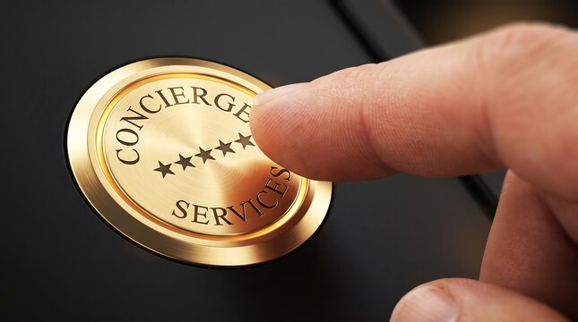Finger pressing a gold concierge services button for premium luxury hotel hospitality and VIP business support help desk