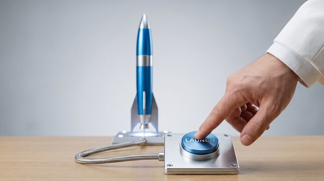 Hand pressing launch button for rocket startup business concept for a website banner or professional presentation