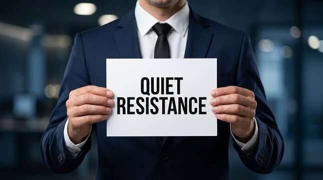 Professional businessman holding a placard with the text quiet resistance.