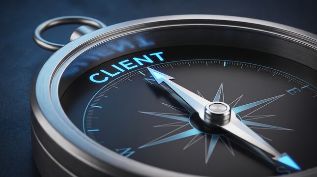 Compass Pointing to Client Word for Business Success and Customer Focused Strategy in Modern Corporate Background Banner