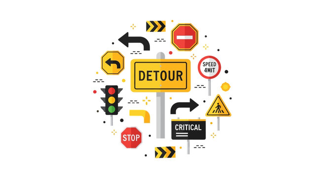 Detour and Traffic Signs Collection with Navigation Icons, Stop Signal, and Directional Arrows Vector Illustration