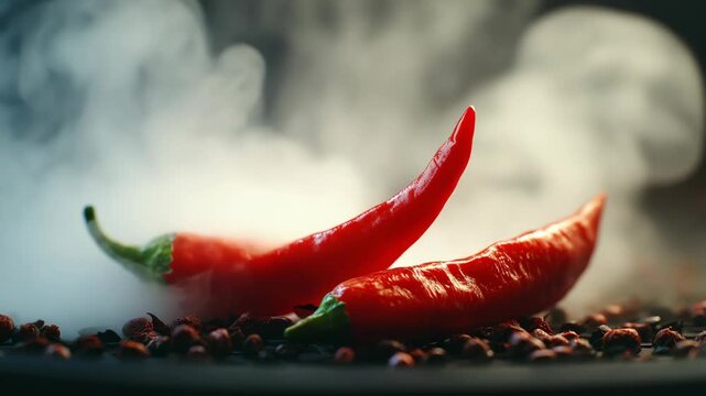 A vibrant of two whole red peppers sizzling and bubbling with steam on a stove. The perfect visual for cooking enthusiasts or an advertisement for kitchen appliances.