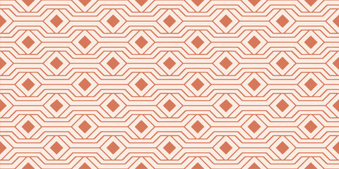 Geometric seamless pattern with terracotta and beige lines. Modern bohemian abstract background with diamond shapes. Vector repeatable texture for fabric, wallpaper, or wrapping paper. © Jamauddin