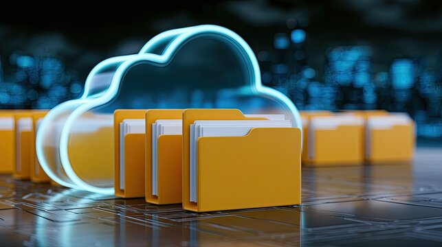 Digital cloud icon with rows of organized data folders against a blurred city skyline