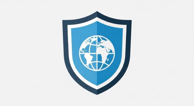Blue shield icon with white globe on gray background