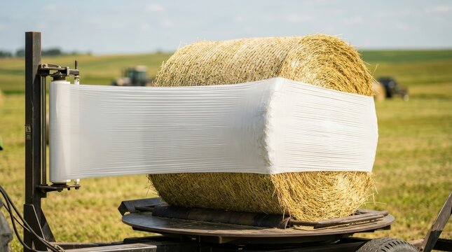 Close up of a hay baler wrapping a large round bale with white stretch film.