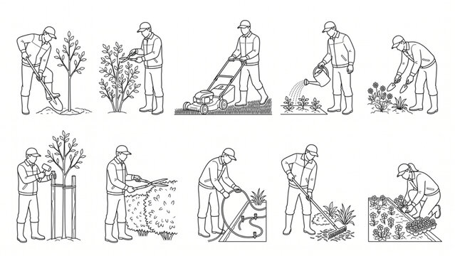 Front Elevation CAD Landscape Worker Collection with Tree Planting, Shrub Pruning, Lawn Mowing, Garden Watering and Plant Installation Architectural Entourage Vector
