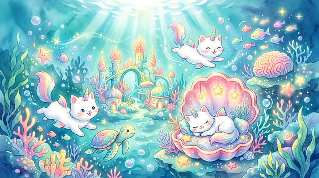 A colorful, textured watercolor painting of a cosmic kitten floating near a majestic sea turtle amidst glowing pink and orange coral reefs