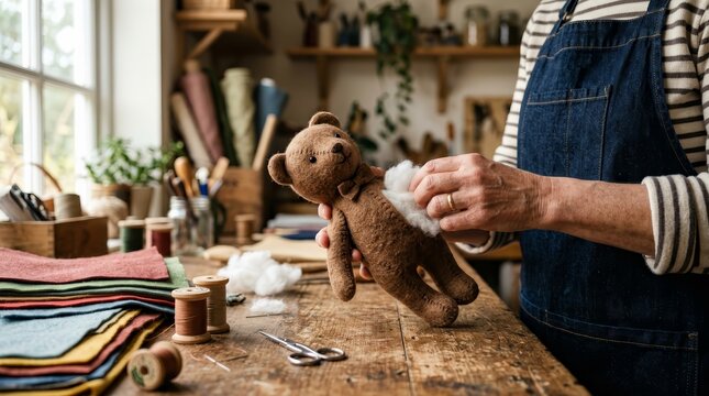 Handmade felt teddy bear being filled with cotton stuffing by a craftsman.
