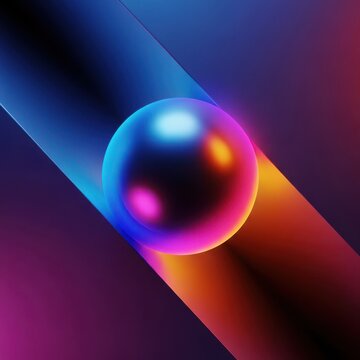 Abstract geometric composition utilizing a vibrant retro color palette and sharp contrasts, emphasizing a central three dimensional orb, contrast, structure, curved