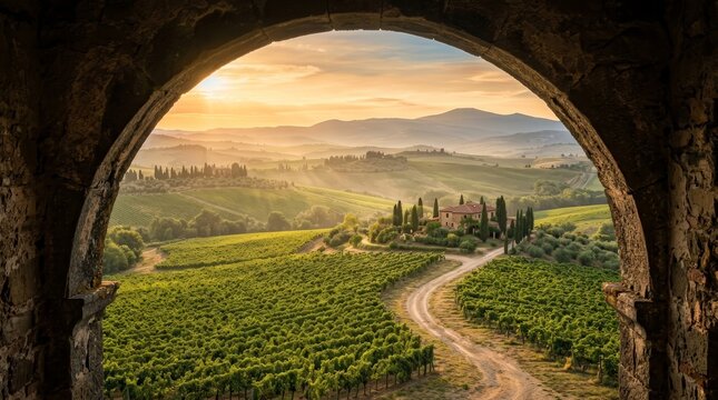 Ancient stone arch framing a scenic view of a Tuscan vineyard, farmhouse, and rolling hills at sunset.