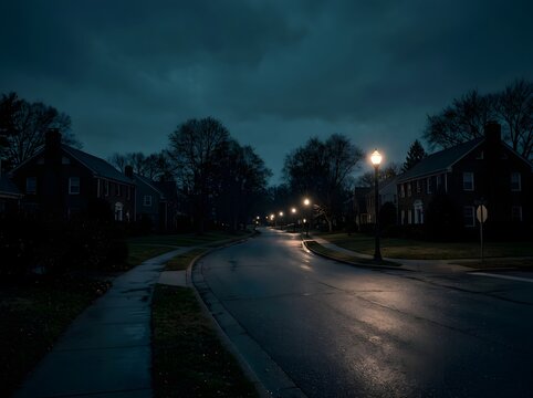 Quiet suburban street at dusk with glowing streetlights