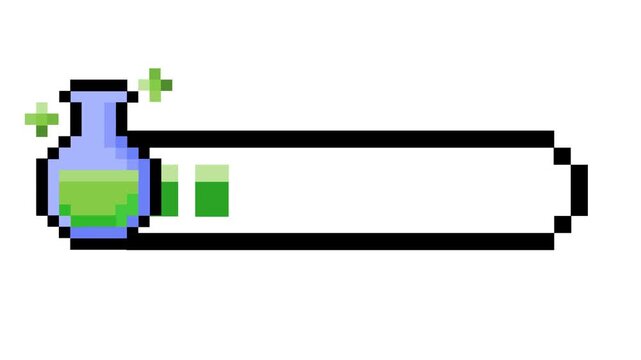 Pixelated game UI element with a glowing green potion flask and a progress bar, perfect for retro video games, representing player health or mana