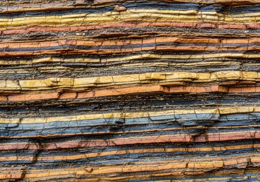 Close up of ancient sedimentary rock layers showcasing rich earth tones, textured minerals, and intricate linear patterns of the crust, pattern, cliff, material