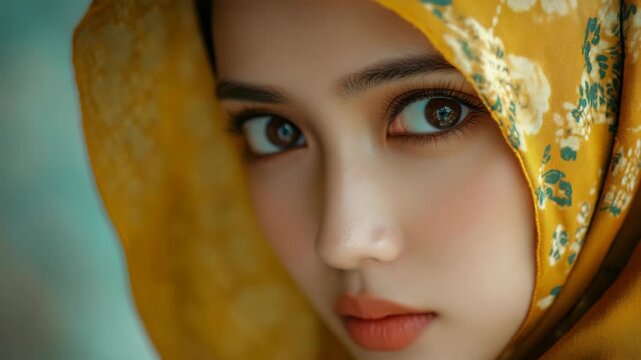 Soft focus close-up of a woman in a yellow patterned hijab. Her eyes are gently closed, lips softly parted. Warm tones highlight her serene, calm expression. Faded blue background adds depth