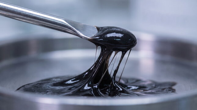 Close up of a metal spatula lifting thick viscous dark electrode slurry for battery production