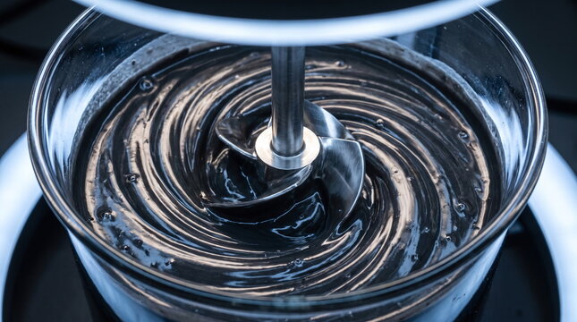 Close up of a metal impeller stirring dark viscous electrode slurry for battery production