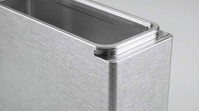 Close up of an empty machined metal casing for prismatic battery cell production