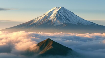 Fototapeta premium Majestic snow-capped peak rises above a sea of soft, golden clouds