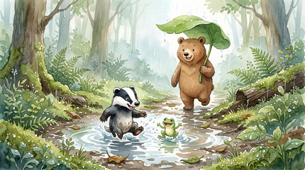 Obraz premium A lovely wet-on-wet watercolor painting of a badger and a bear walking with an umbrella through puddles on a misty rainy day.
