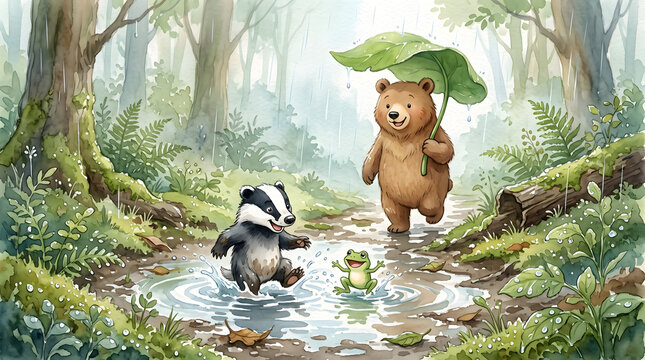 A lovely wet-on-wet watercolor painting of a badger and a bear walking with an umbrella through puddles on a misty rainy day.