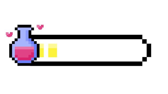 Pixel art game UI element a magical potion bottle fills a retro progress bar, adorned with heart icons, signifying player health or mana