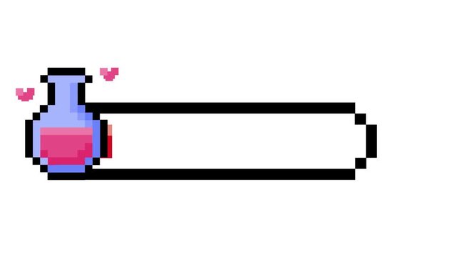 Vibrant pixel art gaming health bar featuring a magical pink potion flask with charming floating hearts, ideal for retro video game user interface designs