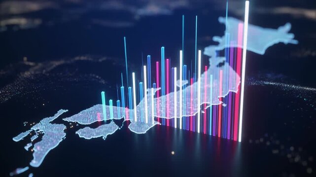 ダークネイビー背景の日本地図データビジュアライゼーションと光るデータバー