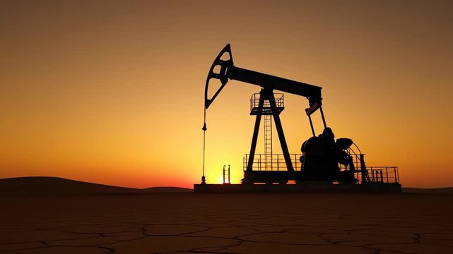Oil pumpjack moving in desert at sunset. Petroleum industry extraction equipment silhouette. Industrial energy production process for global fuel supply business model