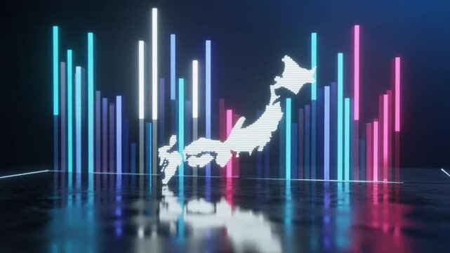 暗い反射ガラス面にあるホログラム風の日本の3Dマップと光るデータバー