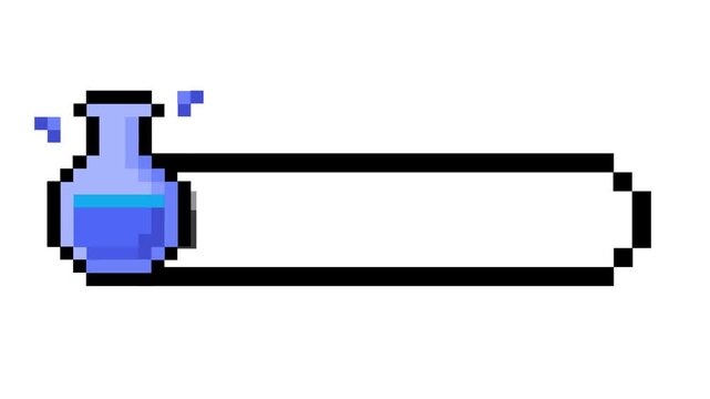 Pixel art gaming interface element blue liquid potion flask icon with subtle bubbling effect next to an empty resource bar, ideal for retro UI design