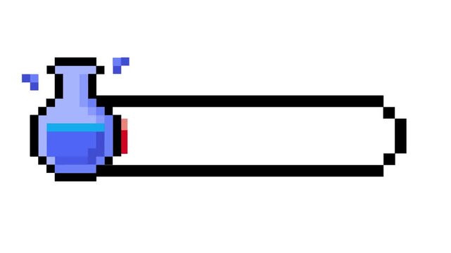 Vibrant pixel art game interface element showcasing a fantasy potion bottle connected to a progress bar, ideal for retro game design and digital health or mana display