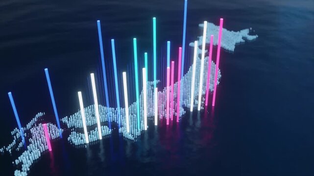 ダークネイビーの表面に浮かぶ日本列島の3Dマップと光る青いデータバー