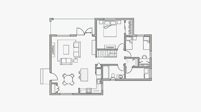 Minimalist Black and White Floor Plan of Modern Apartment with Open Layout Furniture and Clear Room Designations