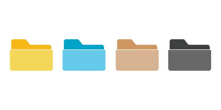 Computer file folder icons set. Colorful document folders. Office folder icons with documents. Folders for reports and important documents. Vector illustration.