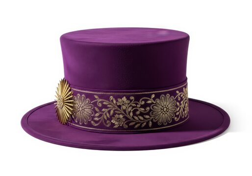 Elegant Purple Velvet Top Hat with Gold Floral Embroidery and Sunburst Brooch Isolated on White Background