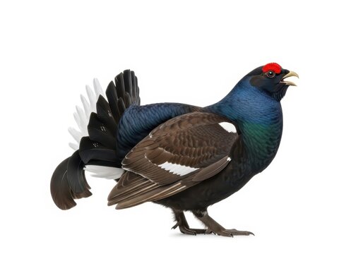 Male Black Grouse Lyrurus Tetrix Displaying with Open Beak Isolated on White Background