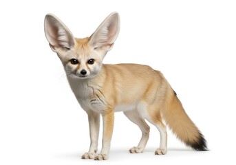 Obraz premium Portrait of a cute Fennec Fox with large ears standing on a white background. Desert wildlife photography.
