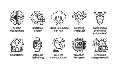 Obraz premium Futuristic Technology Line Icon Set for Seasonal Innovation with AI Smart Energy Cloud Computing and Digital Future Vector Symbols