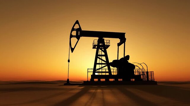 Oil pumpjack operating in desert at sunset. Petroleum extraction machinery silhouette against orange sky. Industrial energy production process at oil field location